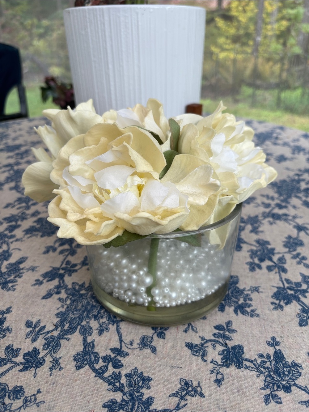 Silk Cream Peony Arrangement in Glass Vase with added Pearl Beads
